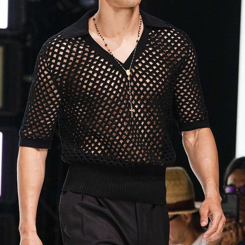 Men's Spring And Summer Fashion Hollow Sexy Knitted Short-sleeved Polo Shirt DTT25071116