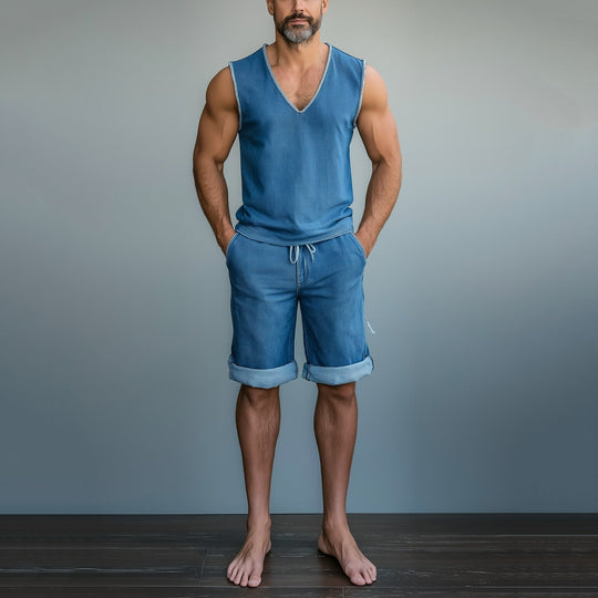 Men's Denim V Neck Tank Top & Drawstring Shorts 2Pcs Set 9953098662072