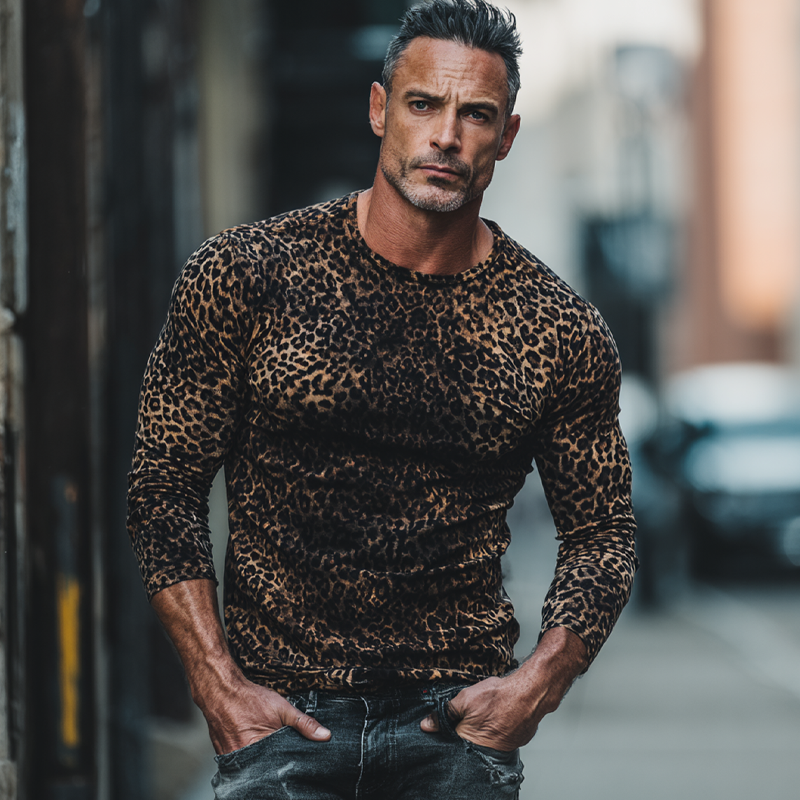 Men's Leopard Print Crew Neck Long T-shirt DTT25082028