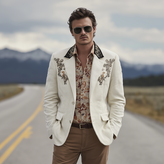 Men's Classic Casual Western Cowboy Style Corduroy Embroidered Single-breasted Blazer DTT25080417