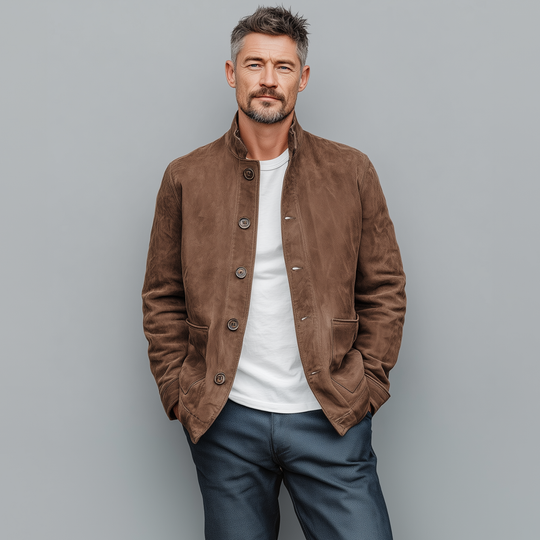 Men's Retro Casual Thin Suede Wooden Button Stand Collar Jacket DTT25080117