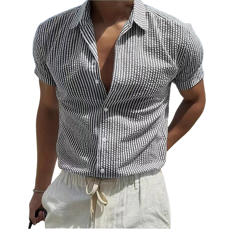 Men's Stripe Print Casual Lapel Short Sleeve Shirt DTT25080615