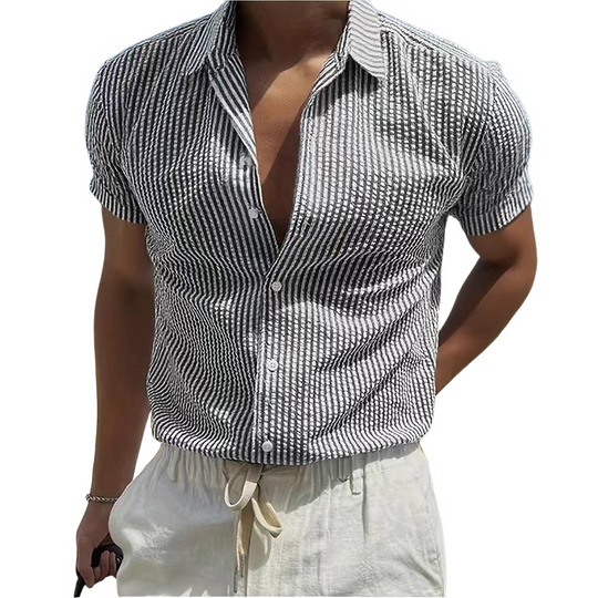 Men's Stripe Print Casual Lapel Short Sleeve Shirt DTT25080615