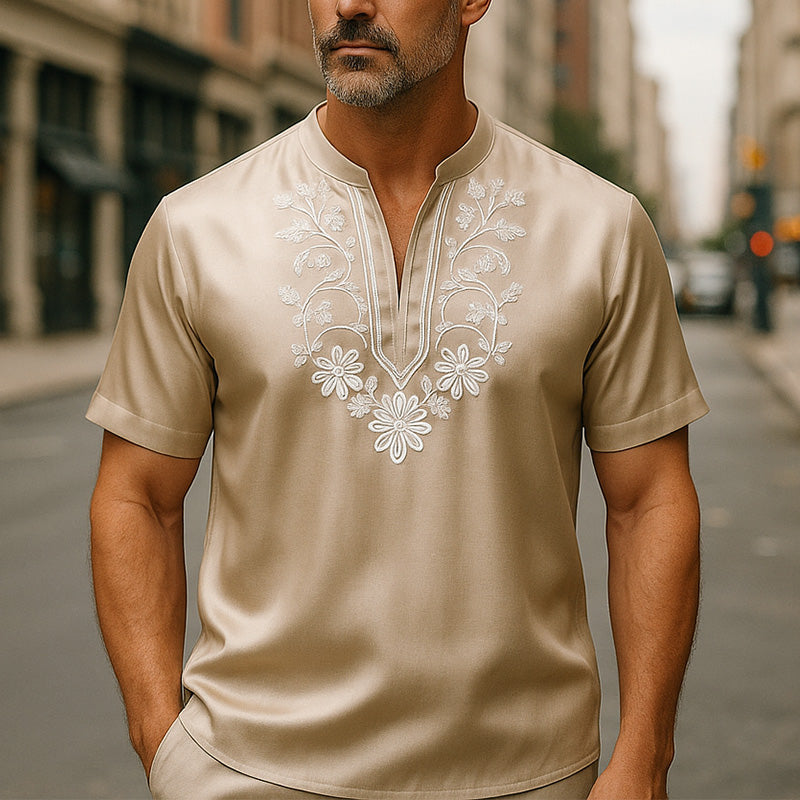 Men's Summer Fashion Simple Satin Embroidery Short Sleeve Shirt DDT25052807