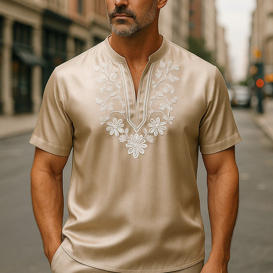 Men's Summer Fashion Simple Satin Embroidery Short Sleeve Shirt DDT25052807