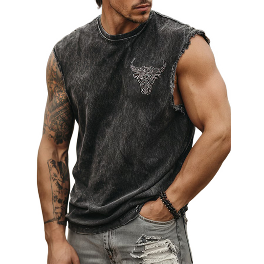 Men's Washed Round Neck Hot Stamped Sleeveless Denim Tank Tops DTT25062706