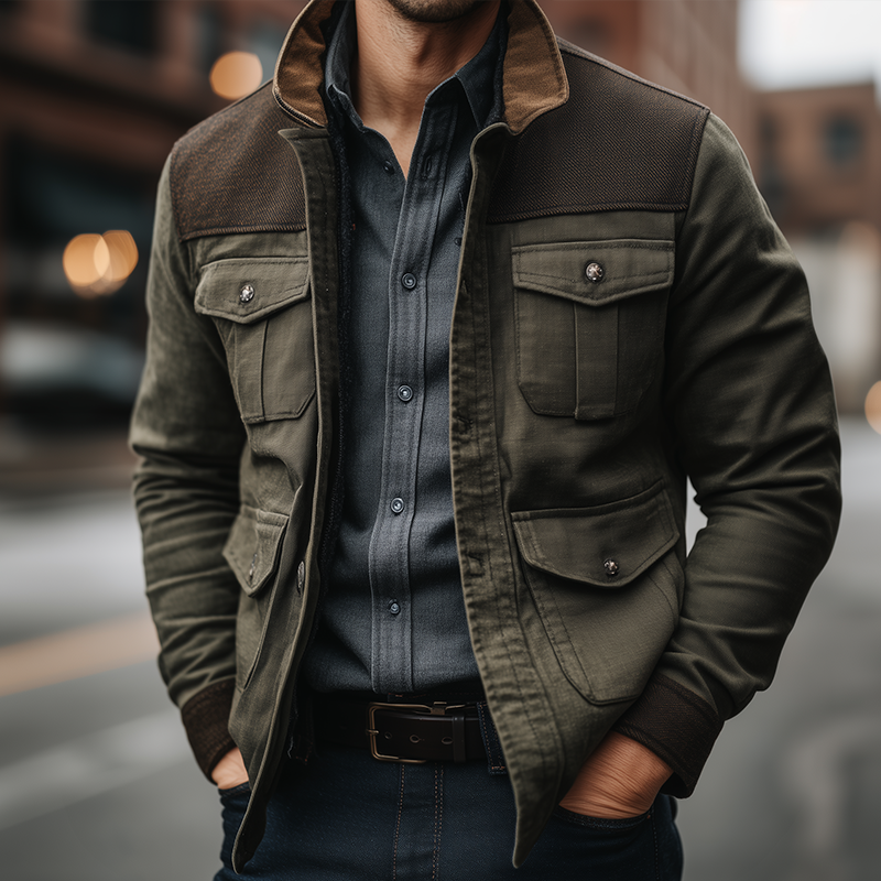 Men's Retro Casual Cotton Stitching Washed Outdoor Barn Jacket DTT25080708