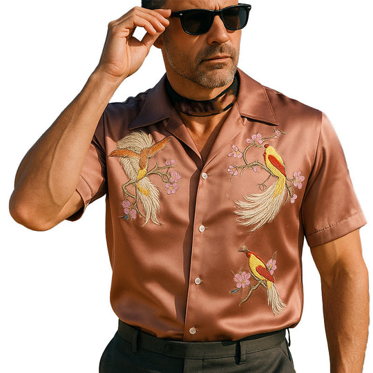 Men's Summer Fashion Satin Flower And Bird Embroidery Short Sleeve Shirt DTT25060403