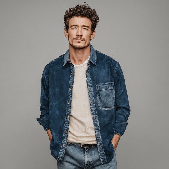 Men's Fashion Casual Thin Suede Splicing Denim Washed Long Sleeve Shirt DTT25072402
