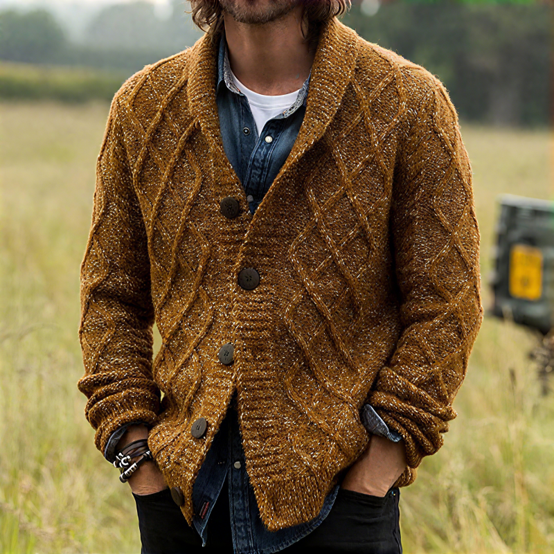Men's Vintage Shawl Collar Single-Breasted Loose Diamond Jacquard Knit Cardigan DTT25081508
