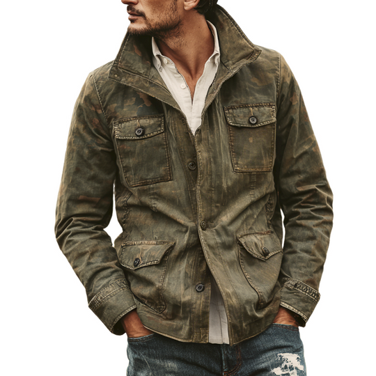 Men's Washed Camouflage Cotton Stand Collar Multi-pocket Cargo Jacket DTT25090407
