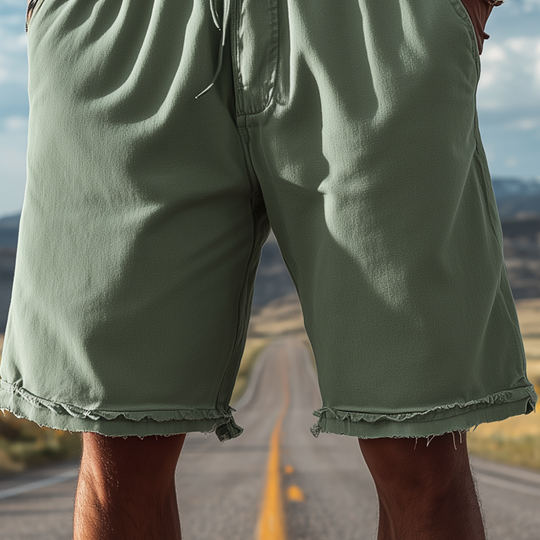 Men's Classic Casual Cotton Blend Washed Trousers With Raw Edges And Elastic Waist Shorts DTT25072812