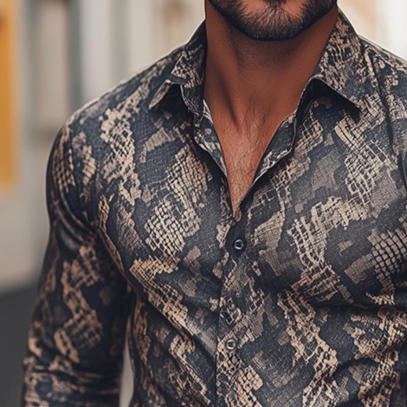 Men's Retro Casual Rock Cowboy Python Print Lapel Long Sleeve Shirt DTT25082503