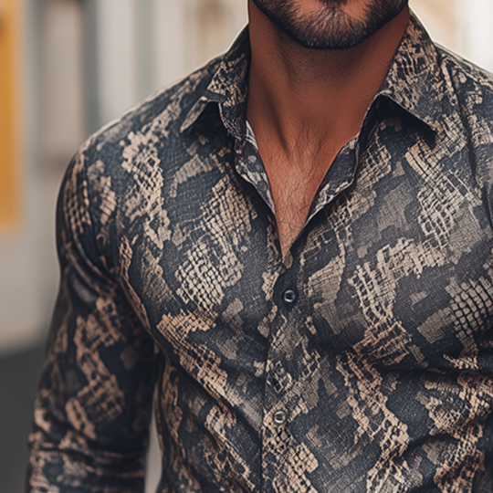 Men's Retro Casual Rock Cowboy Python Print Lapel Long Sleeve Shirt DTT25082503
