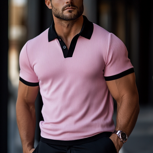 Men's Skin-friendly Ottoman Rib Colorblock Slim Fit Polo Shirt DTT25061317