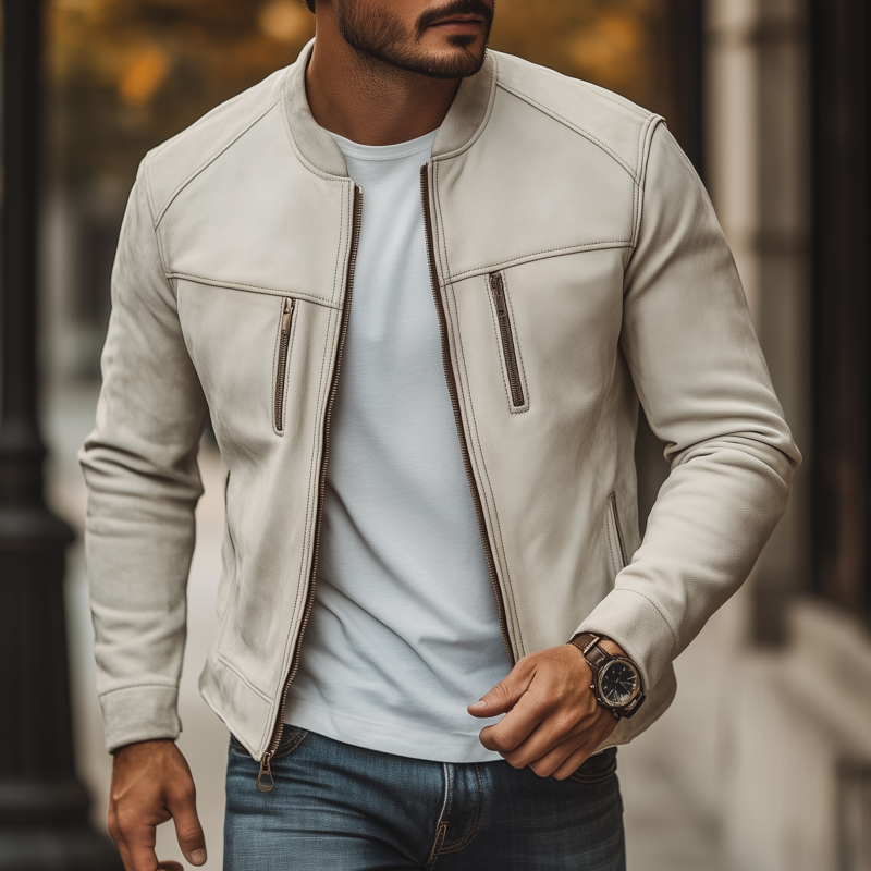 Men's Vintage Solid Color Faux Suede Stand Collar Zipper Placket Slim Fit Jacket DTT25081205