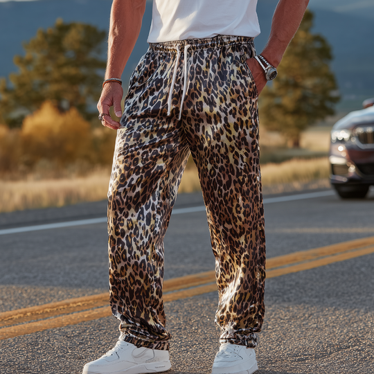 Men's Fashion Casual Leopard Print Satin Elastic Waist Loose Pants DTT25071709
