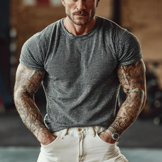 Men's Knitted Round Neck Slim Short Sleeve T-shirt DTT25071407
