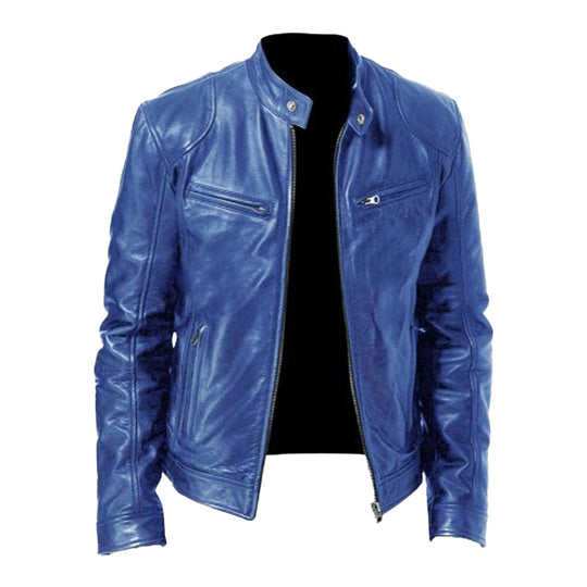 Men's Stand Collar Slim Fit Zip Pocket Leather Jacket 9261077856440
