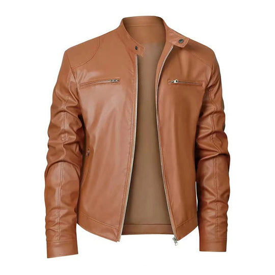 Men's Stand Collar Slim Fit Zip Pocket Leather Jacket 9261077856440