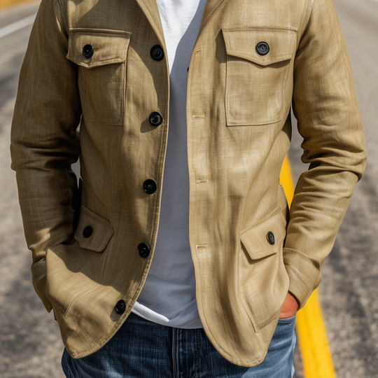 Men's Classic Casual Stand-up Collar Multi-pocket Cotton And Linen Blend Thin Jacket DTT25080419