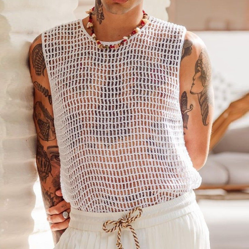 Men's Casual Round Neck Loose Hollow Crochet Tank Top 9903253258424