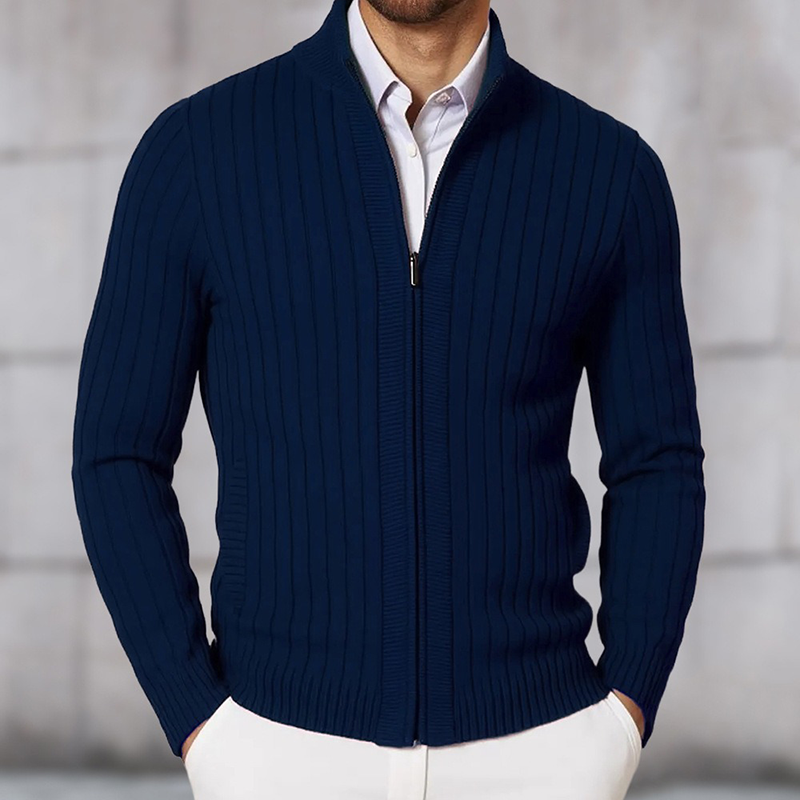 Men's Stand Collar Solid Color Striped Knit Zipper Cardigan DTT25081801