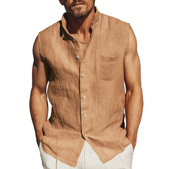 Men's Classic Casual Tencel Cotton Linen Stand Collar Sleeveless Shirt DTT25070404
