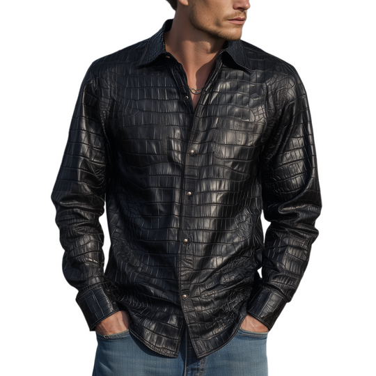 Men's Retro Fashion Textured Leather Long Sleeve Shirt DTT25081317