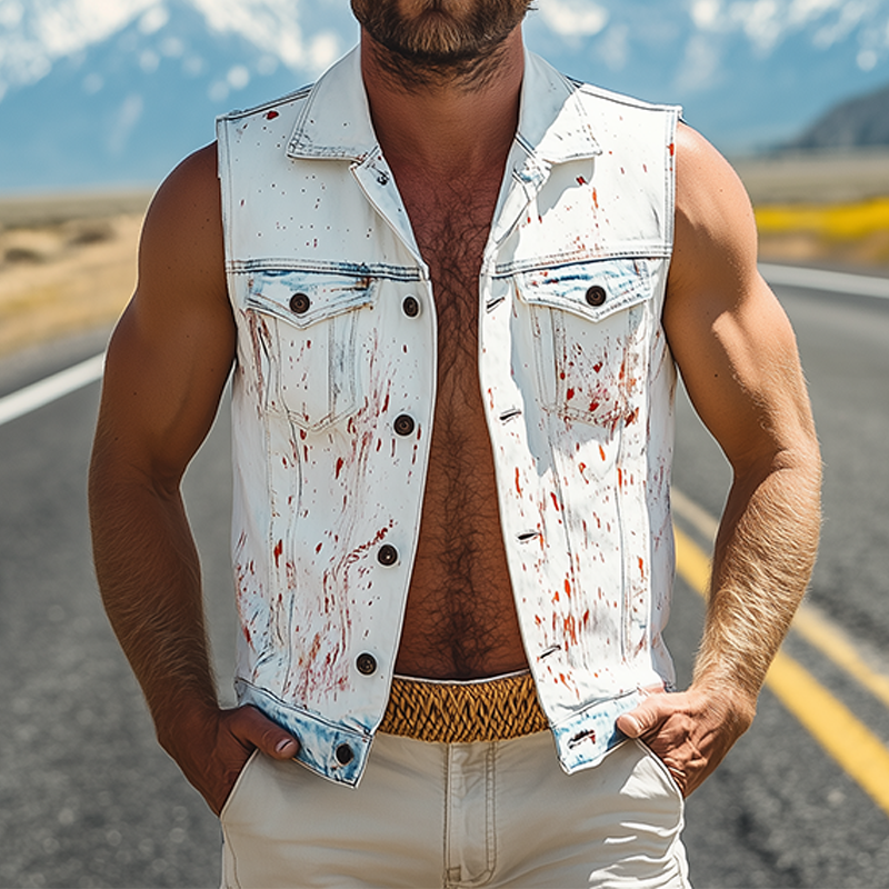 Men's Fashion Casual Washed Denim Personalized Ink Splash V-Neck Lapel Vest DTT25062612