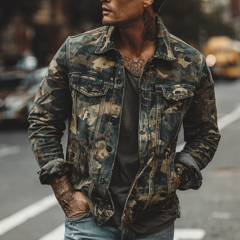 Men's Vintage Camouflage Print Lapel Jacket DTT25080714