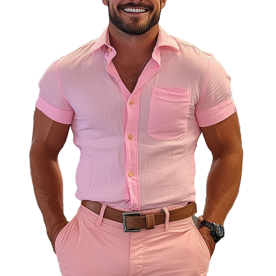 Men's Summer Fashion Solid Color Slub Cotton Short Sleeve Shirt DTT25062402