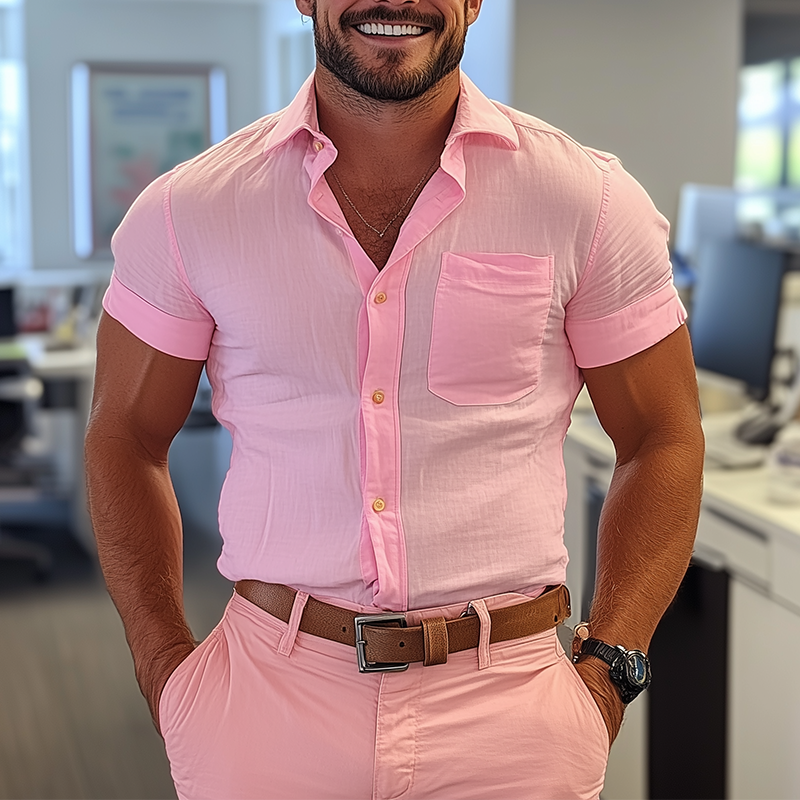 Men's Summer Fashion Solid Color Slub Cotton Short Sleeve Shirt DTT25062402