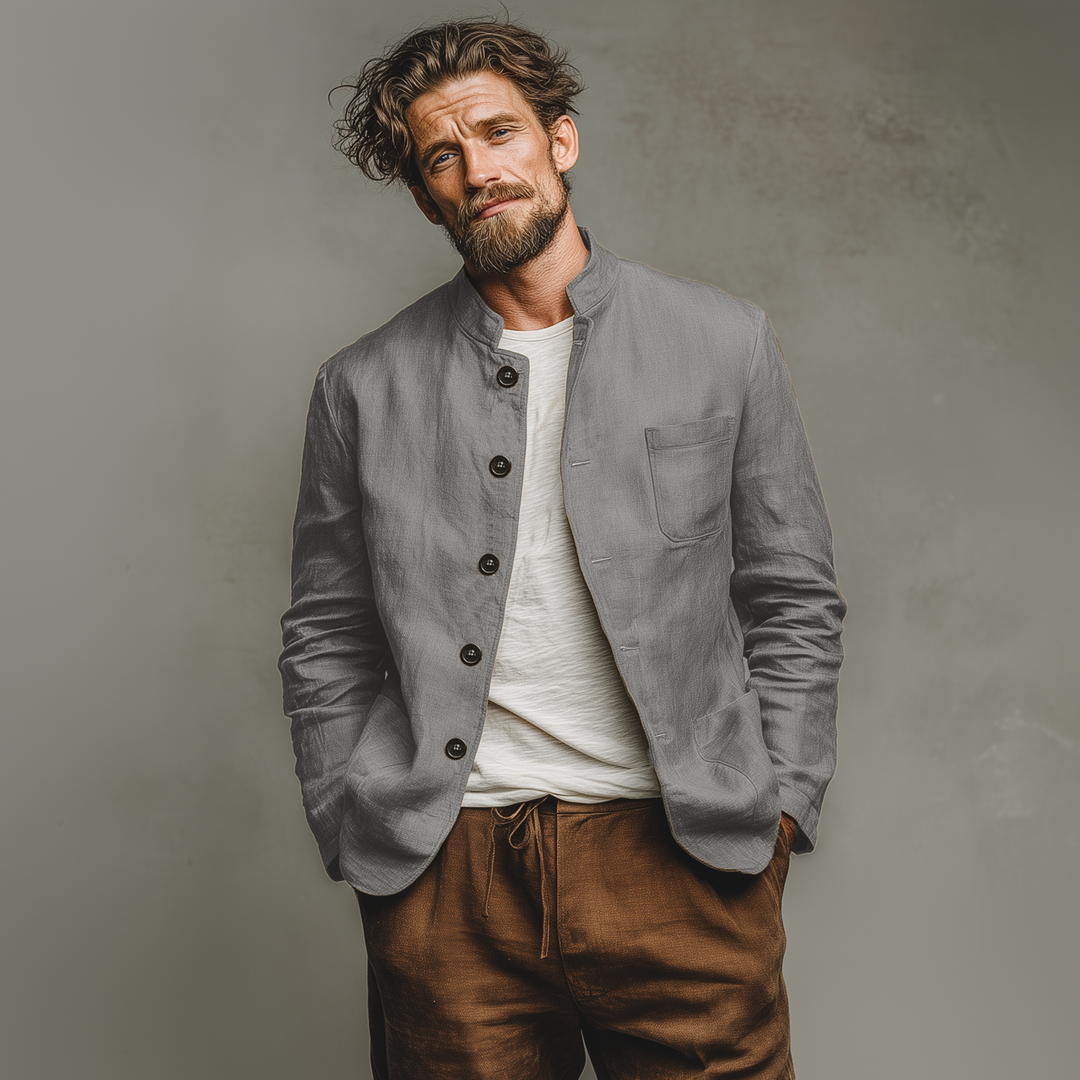 Men's Classic Casual Stand-up Collar Cotton And Linen Multi-pocket Thin Jacket DTT25073015