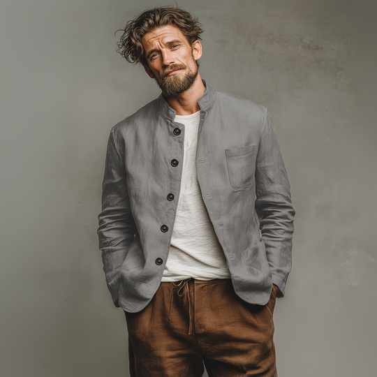 Men's Classic Casual Stand-up Collar Cotton And Linen Multi-pocket Thin Jacket DTT25073015