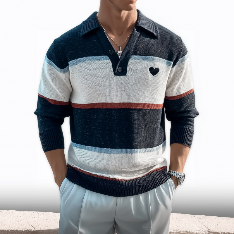 Men's Casual Breathable Lapel Contrast Striped Loose Knit Long-sleeved Polo Shirt DTT25080404