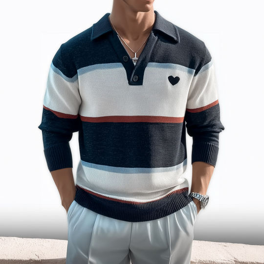 Men's Casual Breathable Lapel Contrast Striped Loose Knit Long-sleeved Polo Shirt DTT25080404
