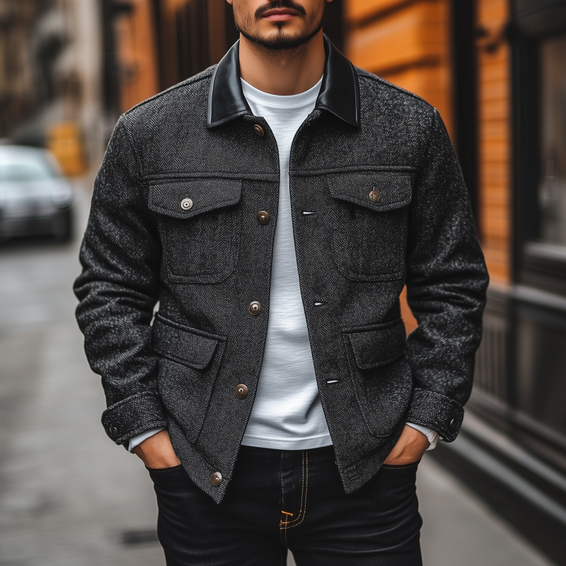 Men's Vintage Herringbone Blend PU Lapel Patchwork Single-breasted Multi-pocket Work Jacket DTT25081301