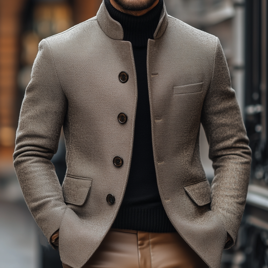 Men's Vintage Wool Blend Stand Collar Single-breasted Slim Fit Warm Blazer DTT25082206