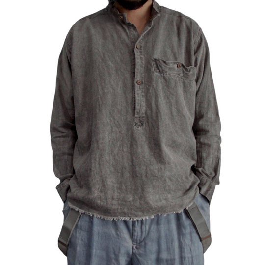 Men's Fashion Washed Distressed Stand Collar Long Sleeve Loose Shirt DTT25072220