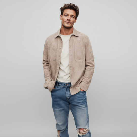 Men's Classic Casual Thin Suede Solid Color Multi-Pocket Long Sleeve Shirt DTT25072110