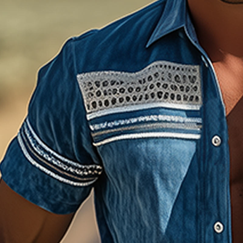 Men's Spring/Summer Suede Splicing Drop Mesh And Web Short Sleeve Shirt DTT25070115