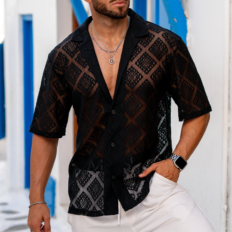 Men's Spring And Summer Fashion Casual Lace Slightly Transparent Sexy Short-sleeved Shirt DTT25070801