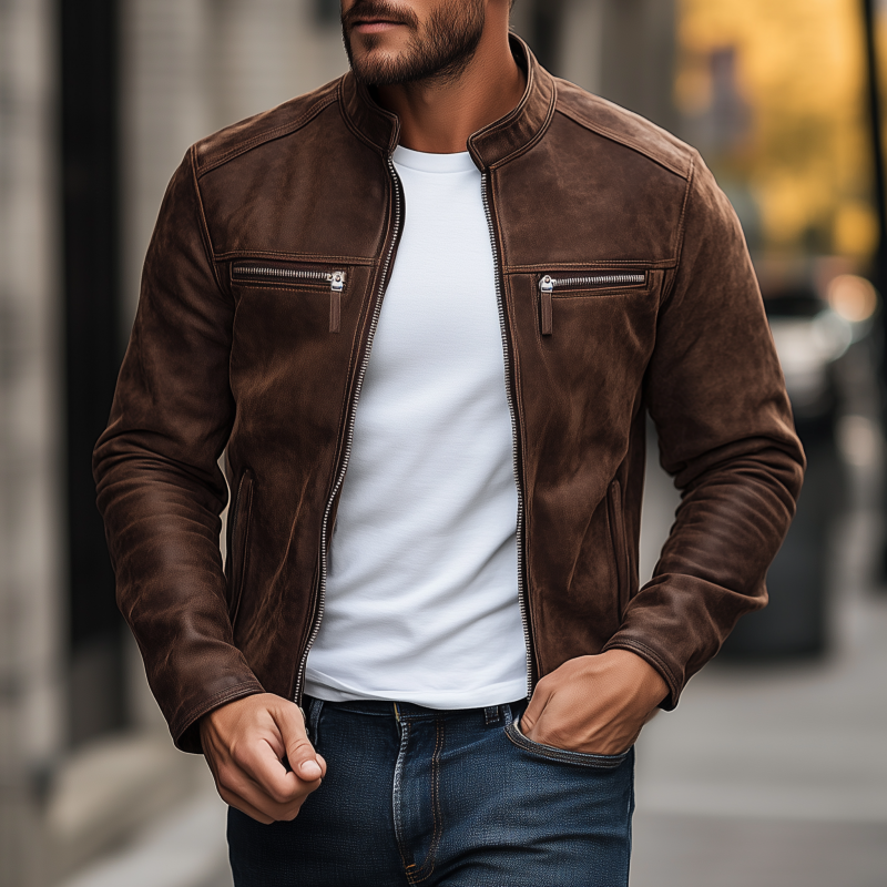 Men's Vintage Matte Faux Leather Stand Collar Zipper Placket Zipper Pocket Slim Fit Jacket DTT25081203