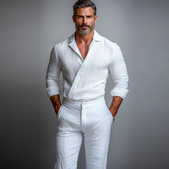 Men's Camp Collar Wrap Fold Long Sleeve Shirt 9903587229880