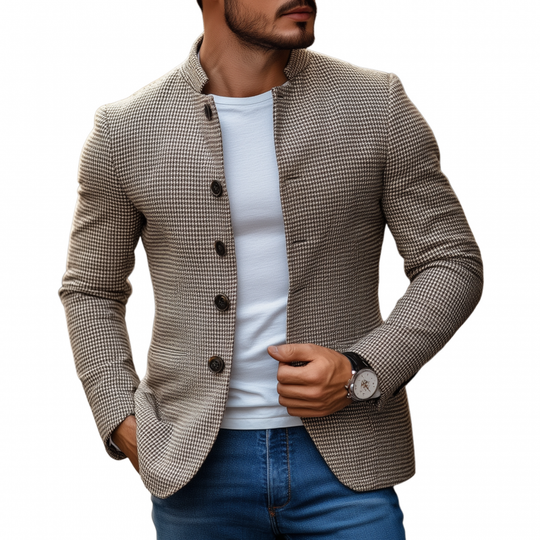 Men's Vintage Houndstooth Stand Collar Single-breasted Slim-fit Blazer DTT25080703