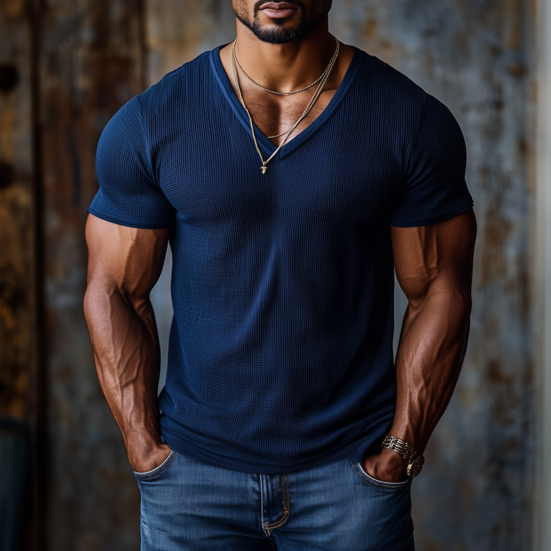 Men's Casual Sports Breathable Waffle V-neck Tight Short-sleeved T-shirt DTT25072417