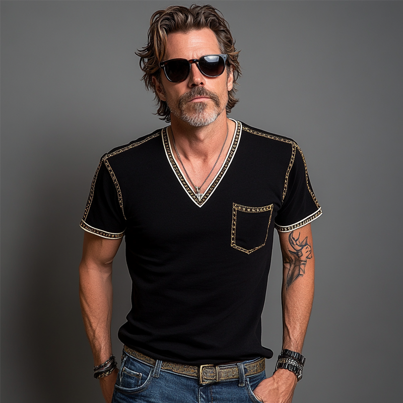Men's Casual Contrast Color V-Neck Cotton Blended Short Sleeve T-Shirt DTT25061108