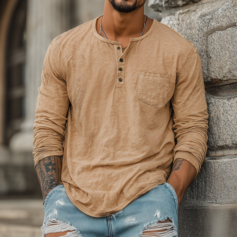 Men's Spring And Summer Casual Tough Style Henry Collar Bamboo Cotton Long Sleeve T-Shirt DTT25082007