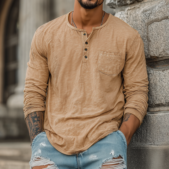 Men's Spring And Summer Casual Tough Style Henry Collar Bamboo Cotton Long Sleeve T-Shirt DTT25082007